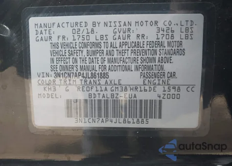 2018 Nissan Versa 1.6 Sv z USA, uszkodzony, nr VIN 3N1CN7AP4JL861885